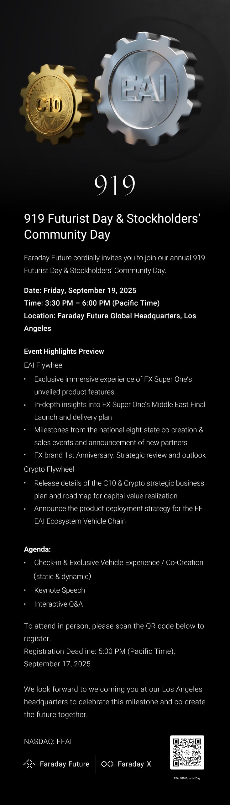 Faraday Future Announces its Annual 919 Futurist Day & Shareholders’ Day on September 19