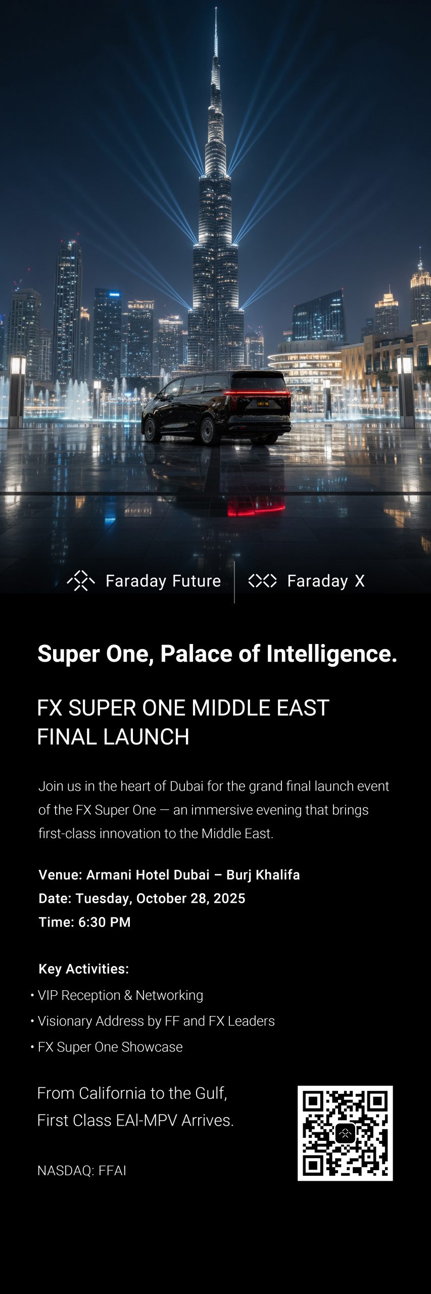 Faraday Future Announces its FX Super One Middle East Launch Event will be Held in Dubai, UAE, on October 28, Ushering in a New Chapter of its Global “Third Pole” Strategy